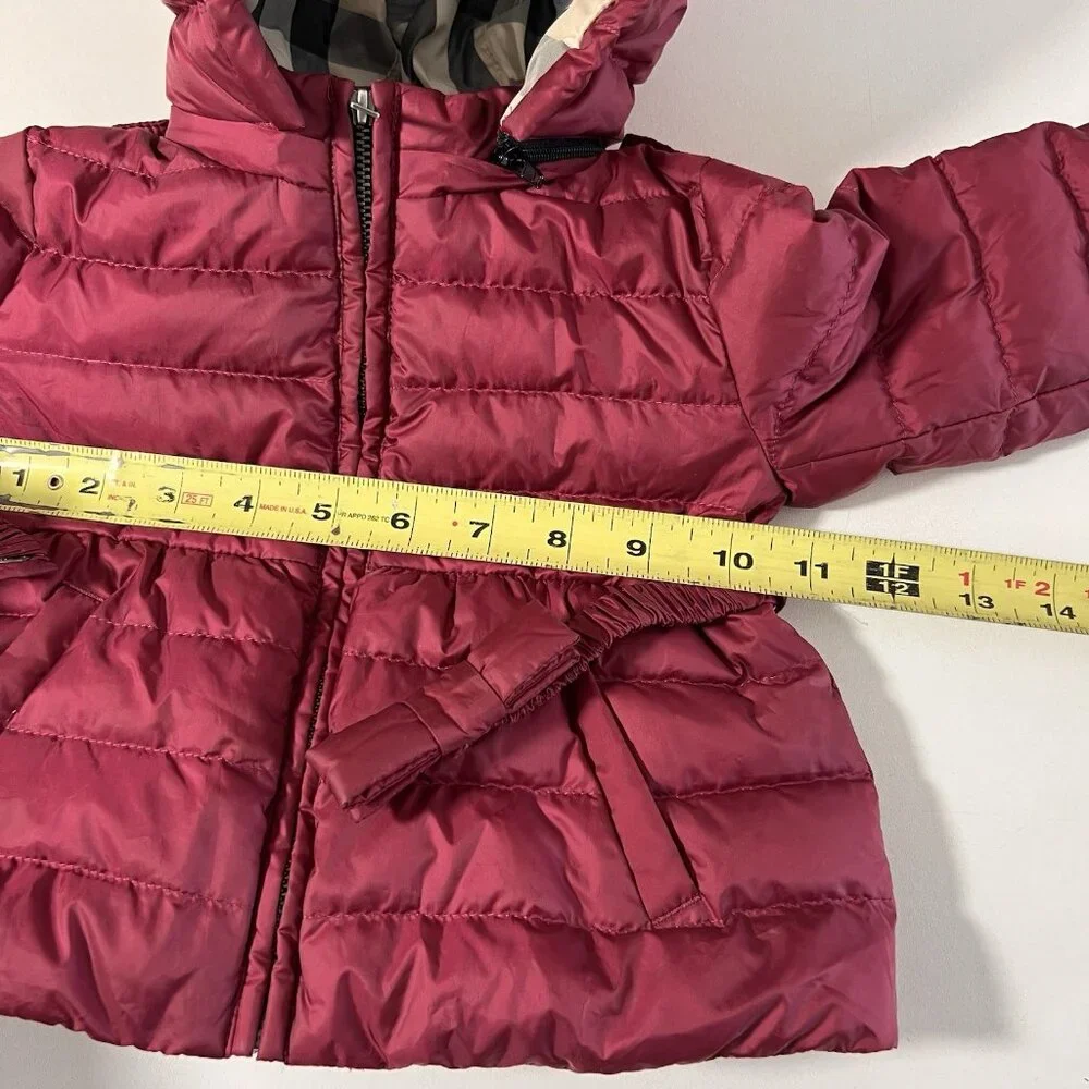 Burberry Puffer Coat Baby Girl 6 Months Maroon Goose Down Hooded Plaid Lined - Picture 5 of 7